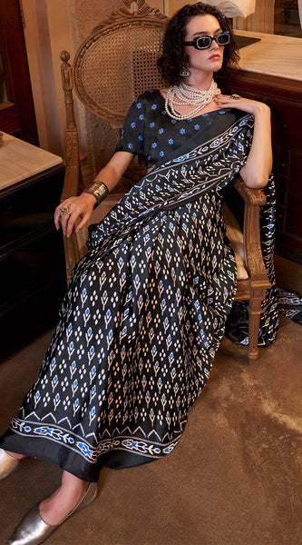 Ethereal Black Digital Printed Satin Silk Saree With Tantalizing Blouse Piece
