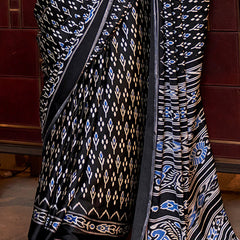 Ethereal Black Digital Printed Satin Silk Saree With Tantalizing Blouse Piece