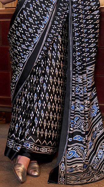 Ethereal Black Digital Printed Satin Silk Saree With Tantalizing Blouse Piece