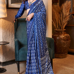 Scrupulous Navy Blue Digital Printed Satin Silk Saree With Lustrous Blouse Piece