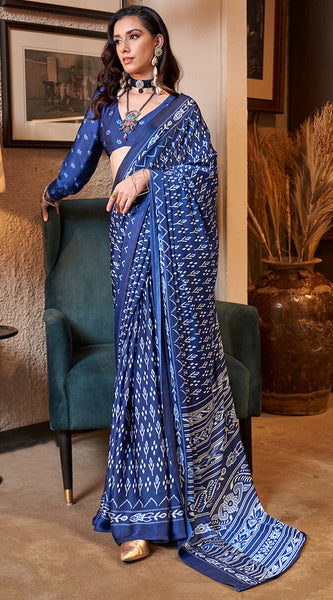 Scrupulous Navy Blue Digital Printed Satin Silk Saree With Lustrous Blouse Piece