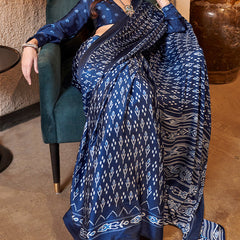 Scrupulous Navy Blue Digital Printed Satin Silk Saree With Lustrous Blouse Piece