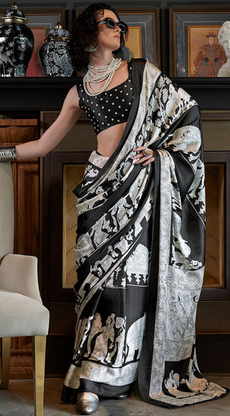 Vibrant Black and White Digital Printed Satin Silk Saree With Whimsical Blouse Piece
