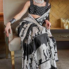 Vibrant Black and White Digital Printed Satin Silk Saree With Whimsical Blouse Piece