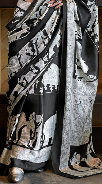 Vibrant Black and White Digital Printed Satin Silk Saree With Whimsical Blouse Piece