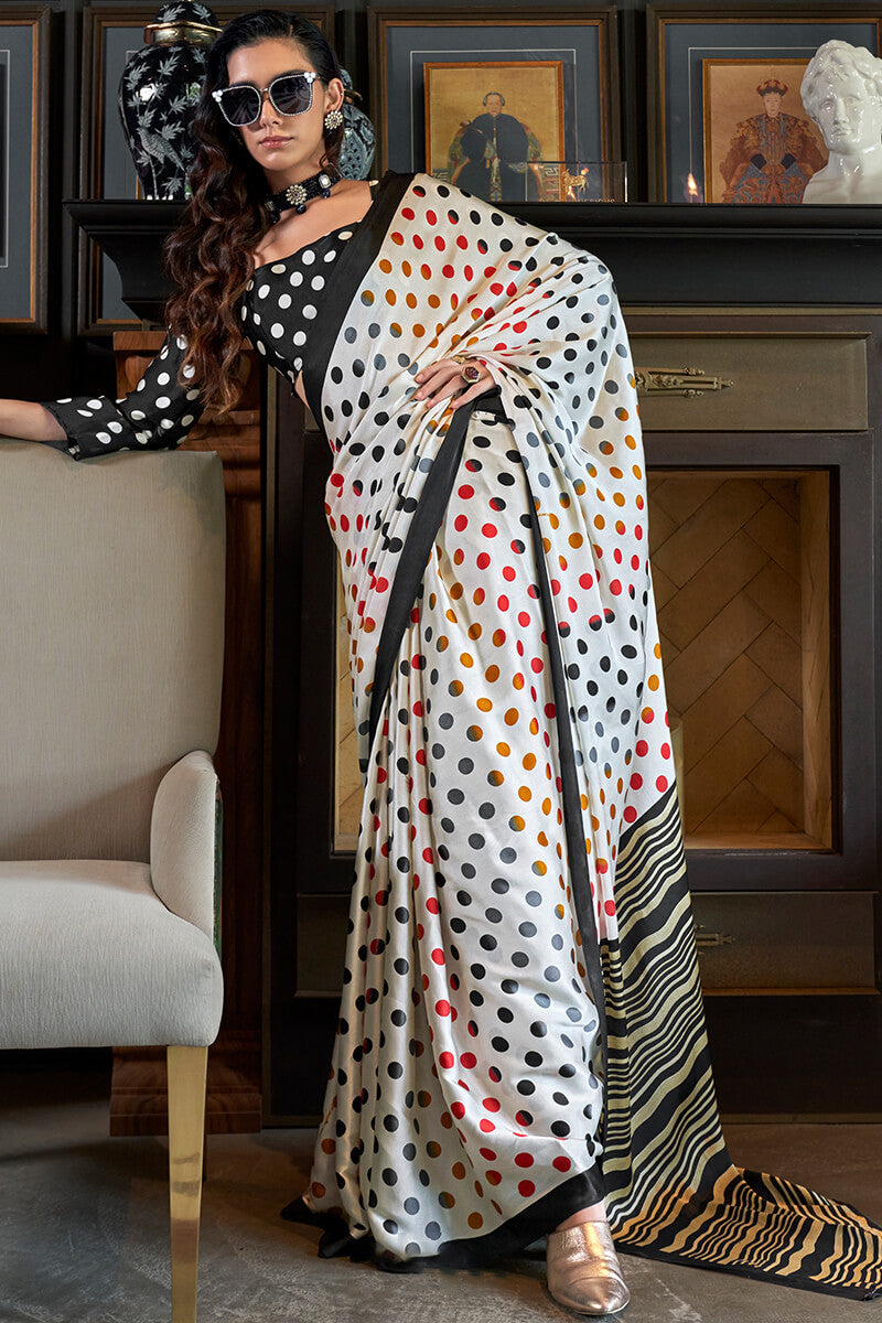 Resplendent White Digital Printed Satin Silk Saree With Profuse Blouse Piece