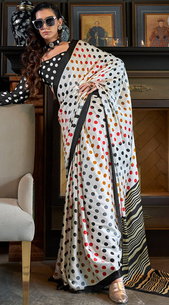 Resplendent White Digital Printed Satin Silk Saree With Profuse Blouse Piece