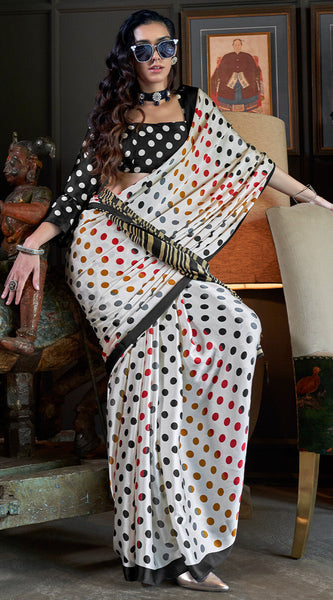 Resplendent White Digital Printed Satin Silk Saree With Profuse Blouse Piece