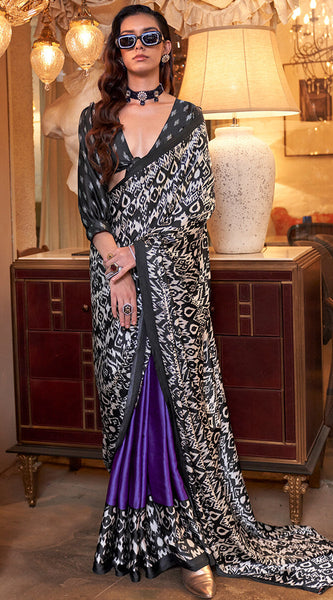 Fantabulous Purple Digital Printed Satin Silk Saree With Splendiferous Blouse Piece
