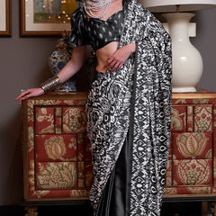 Scintilla Black Digital Printed Satin Silk Saree With Murmurous Blouse Piece