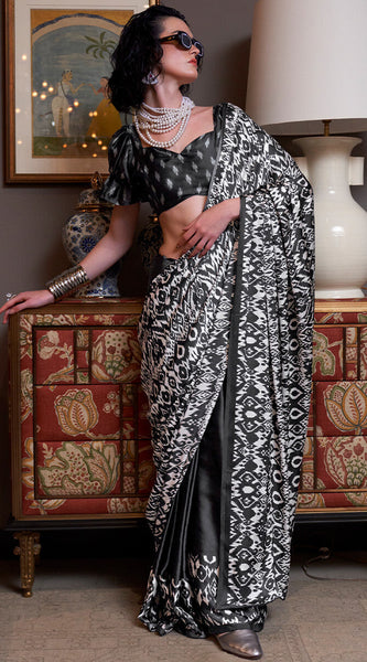 Scintilla Black Digital Printed Satin Silk Saree With Murmurous Blouse Piece