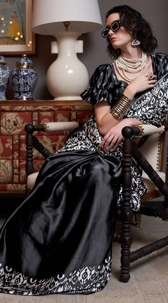 Scintilla Black Digital Printed Satin Silk Saree With Murmurous Blouse Piece