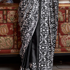 Scintilla Black Digital Printed Satin Silk Saree With Murmurous Blouse Piece