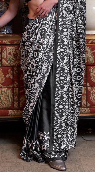 Scintilla Black Digital Printed Satin Silk Saree With Murmurous Blouse Piece