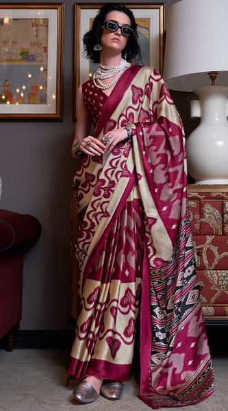 Epiphany Beige and Wine Digital Printed Satin Silk Saree With Effervescent Blouse Piece