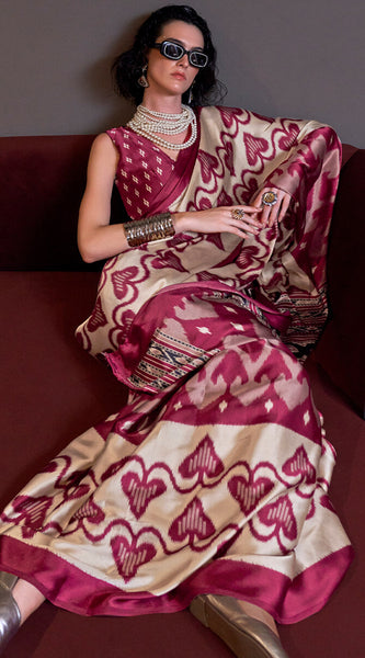 Epiphany Beige and Wine Digital Printed Satin Silk Saree With Effervescent Blouse Piece