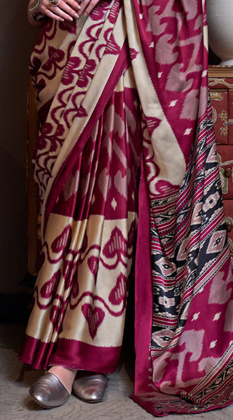 Epiphany Beige and Wine Digital Printed Satin Silk Saree With Effervescent Blouse Piece