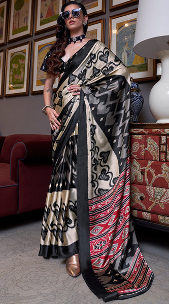 Chatoyant Beige and Black Digital Printed Satin Silk Saree With Comely Blouse Piece