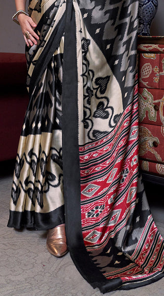 Chatoyant Beige and Black Digital Printed Satin Silk Saree With Comely Blouse Piece