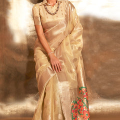 Intricate Beige Paithani Silk Saree With Capricious Blouse Piece
