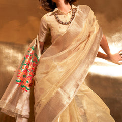 Intricate Beige Paithani Silk Saree With Capricious Blouse Piece