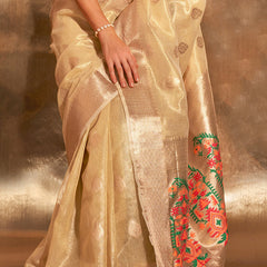 Intricate Beige Paithani Silk Saree With Capricious Blouse Piece