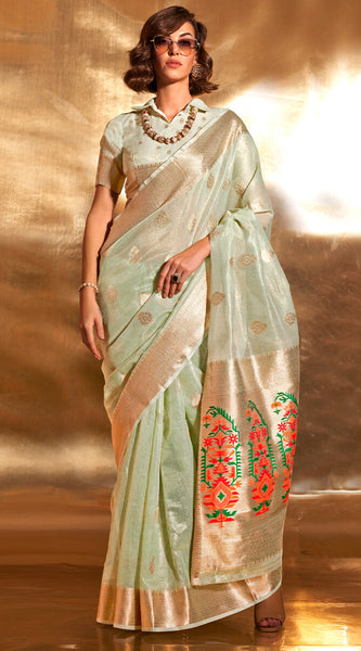Girlish Pista Paithani Silk Saree With Opulent Blouse Piece