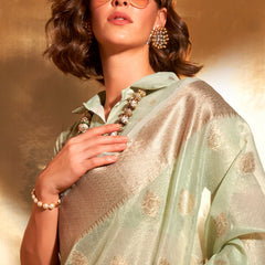 Girlish Pista Paithani Silk Saree With Opulent Blouse Piece