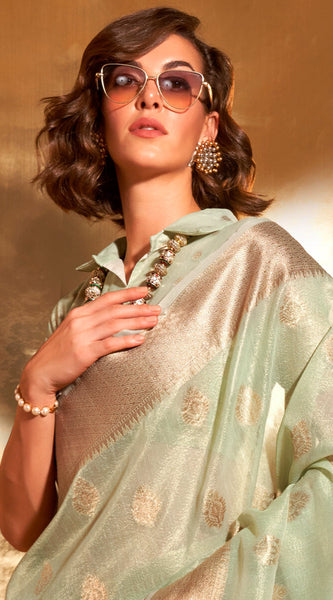 Girlish Pista Paithani Silk Saree With Opulent Blouse Piece