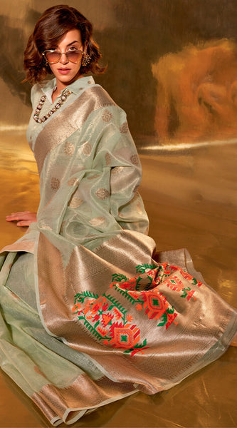 Girlish Pista Paithani Silk Saree With Opulent Blouse Piece