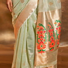 Girlish Pista Paithani Silk Saree With Opulent Blouse Piece