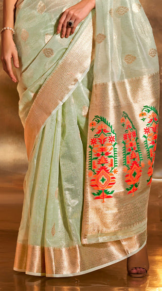 Girlish Pista Paithani Silk Saree With Opulent Blouse Piece