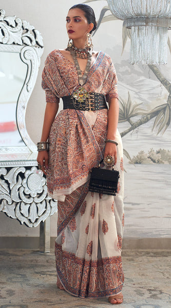 Impressive Beige Pashmina saree With Phenomenal Blouse Piece