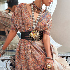 Impressive Beige Pashmina saree With Phenomenal Blouse Piece