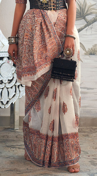 Impressive Beige Pashmina saree With Phenomenal Blouse Piece