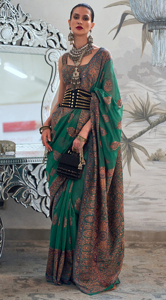 Stylish Dark Green Pashmina saree With Extraordinary Blouse Piece