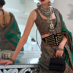 Stylish Dark Green Pashmina saree With Extraordinary Blouse Piece