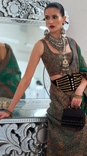 Stylish Dark Green Pashmina saree With Extraordinary Blouse Piece