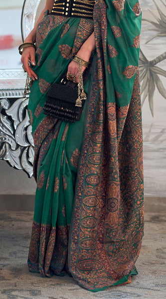 Stylish Dark Green Pashmina saree With Extraordinary Blouse Piece