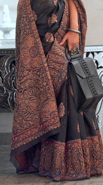 Pretty Black Pashmina saree With Elegant Blouse Piece