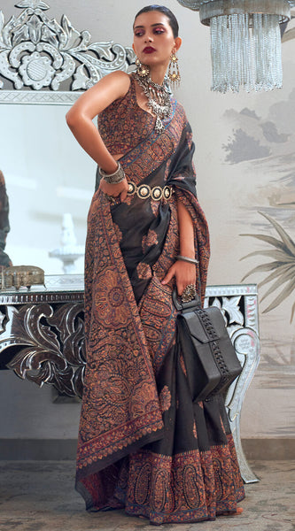 Pretty Black Pashmina saree With Elegant Blouse Piece