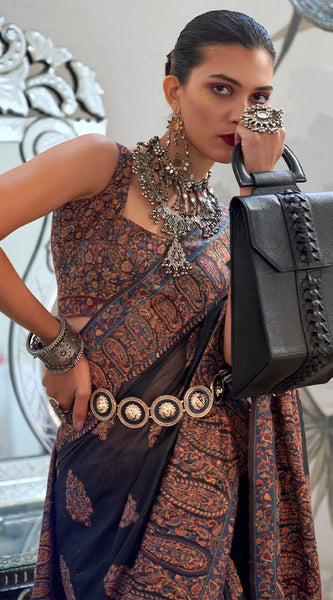 Pretty Black Pashmina saree With Elegant Blouse Piece