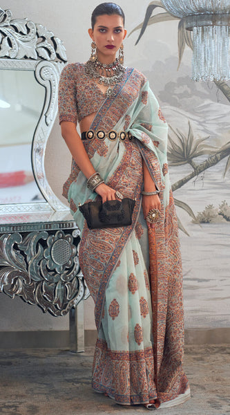 Groovy Sky Pashmina saree With Twirling Blouse Piece