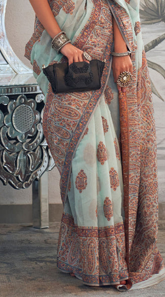 Groovy Sky Pashmina saree With Twirling Blouse Piece