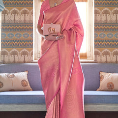 Lovely Pink Kanjivaram Silk Saree With Mesmerising Blouse Piece