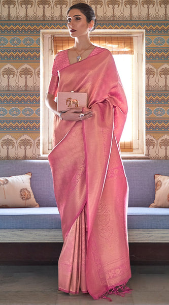 Lovely Pink Kanjivaram Silk Saree With Mesmerising Blouse Piece