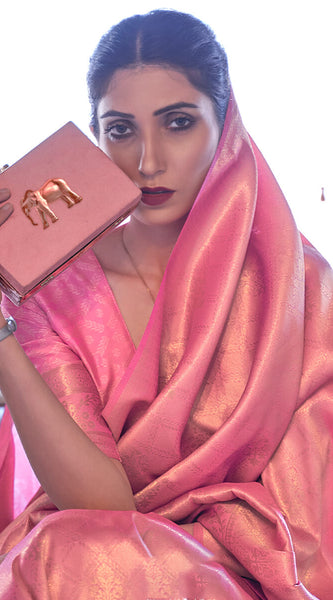 Lovely Pink Kanjivaram Silk Saree With Mesmerising Blouse Piece