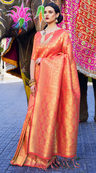 Charming Orange Kanjivaram Silk Saree With Skinny Blouse Piece