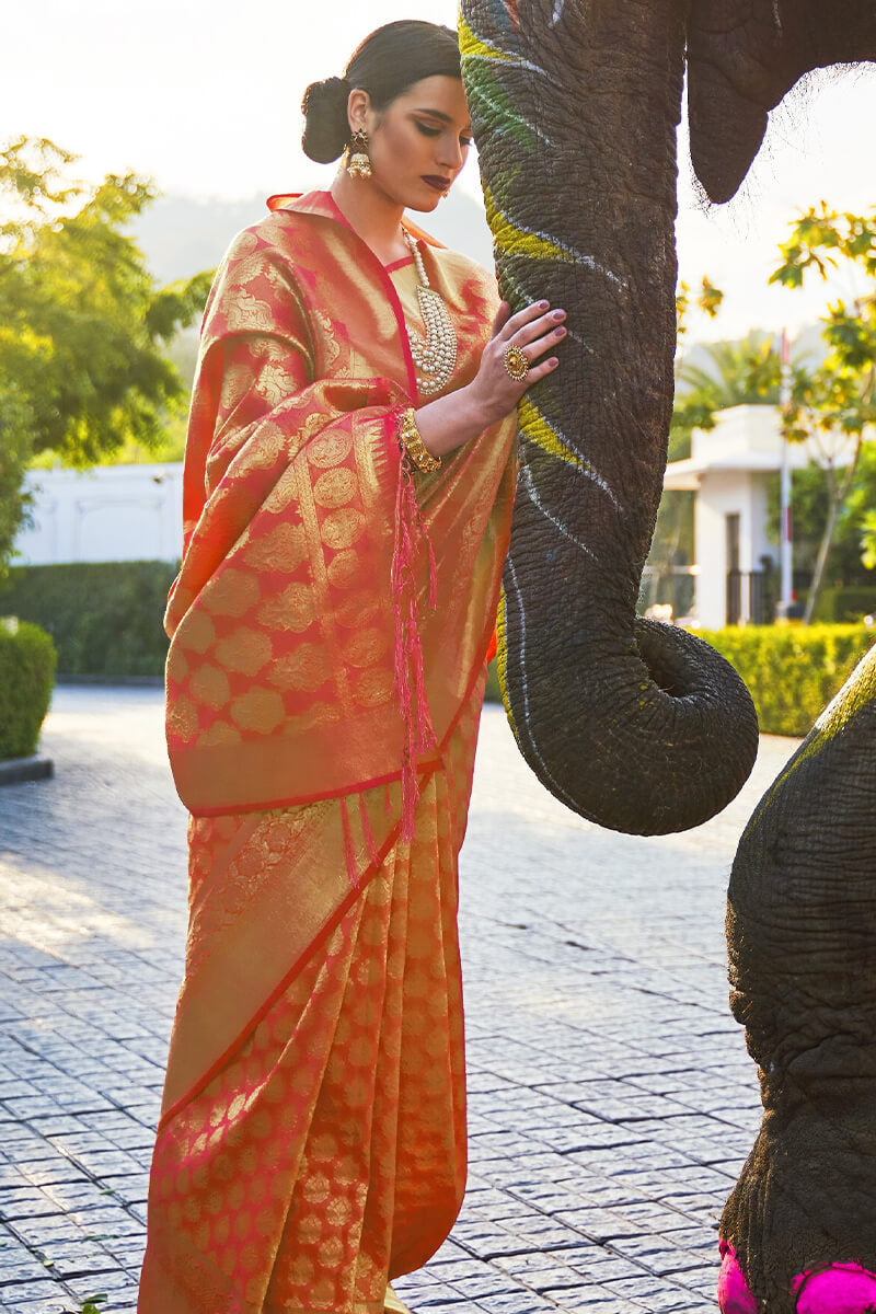 Charming Orange Kanjivaram Silk Saree With Skinny Blouse Piece