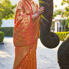 Charming Orange Kanjivaram Silk Saree With Skinny Blouse Piece